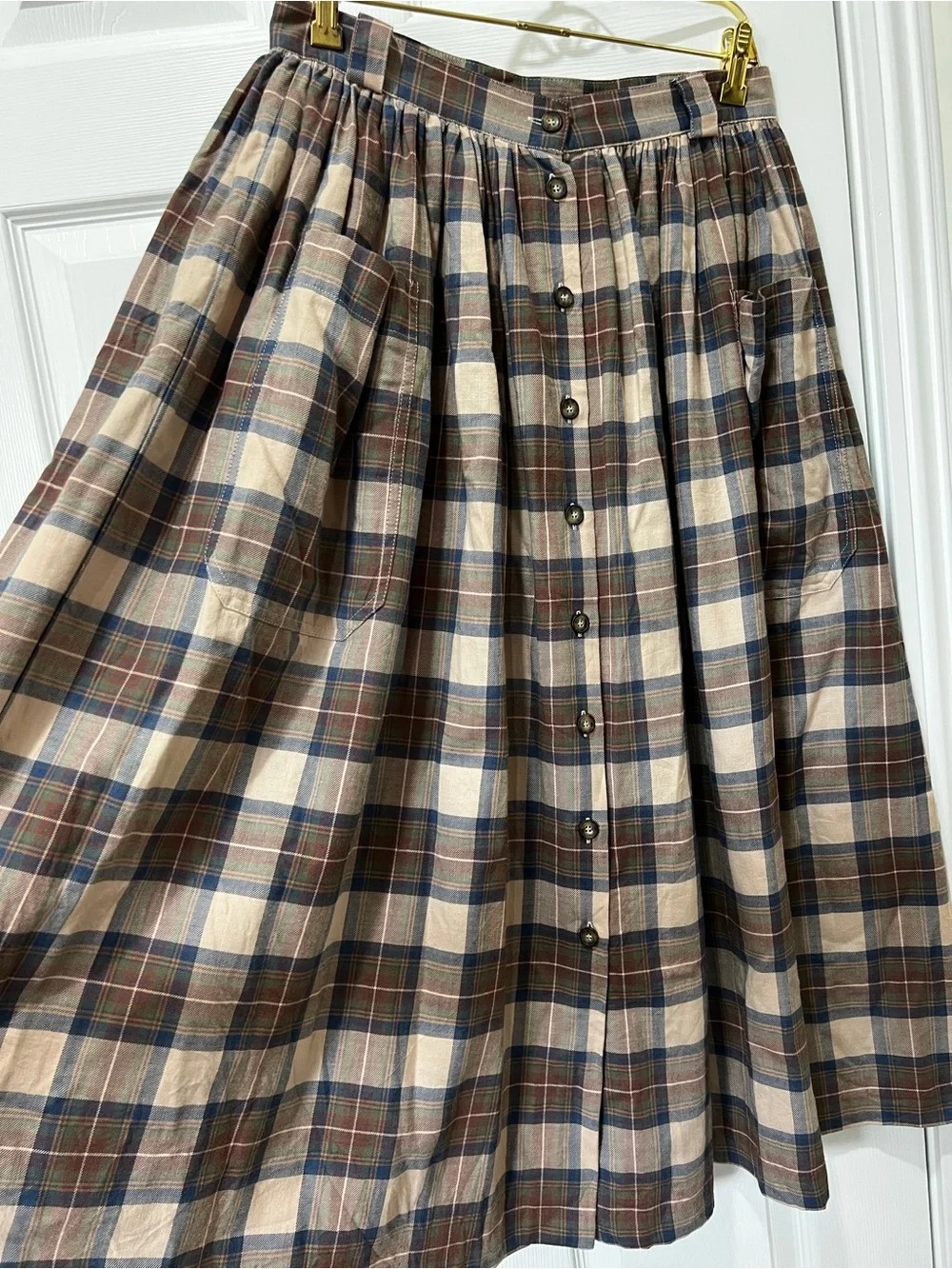 Laura Ashley vintage Plaid Maxi Skirt Pleated Size 12 Front Button Closure Brown - Picture 8 of 12